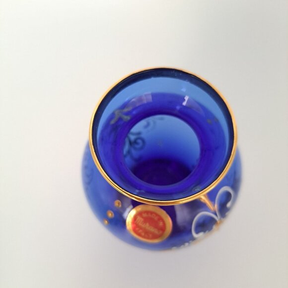 Vintage Murano Hand-Painted Cobalt Blue Glass Vase With Gold Accents & Floral De - Picture 9 of 12